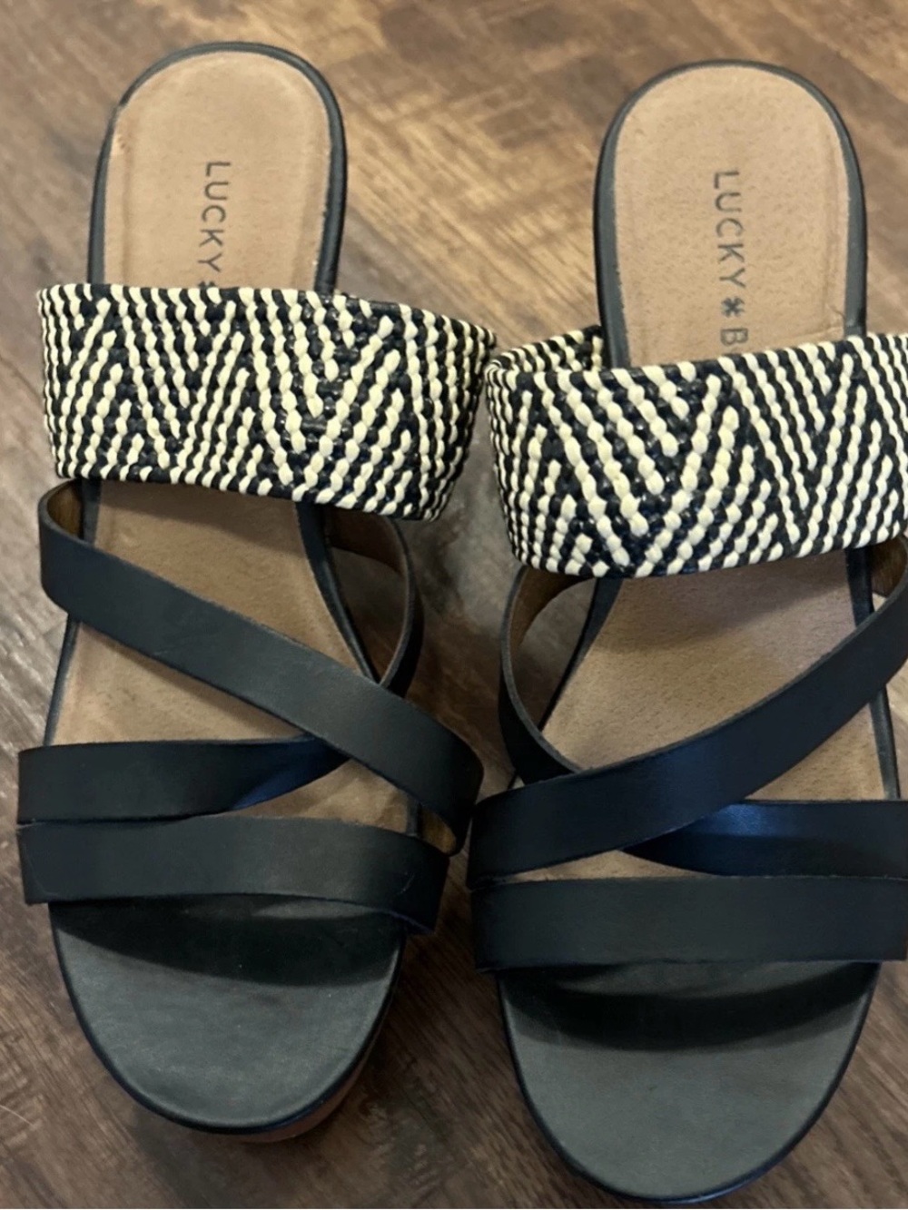 Lucky Brand Black Leather & Natural Woven Strap Mules Women’s Size 8M